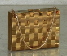 Vintage Deco Gold Tone Basket Weave Compact Cigarette Case Cosmetic Clutch Purse