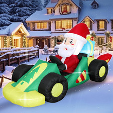8FT Christmas Inflatable Santa Claus Drive Formula Car with Build-In LED Lights,
