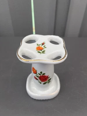 Vintage Justine Rose Porcelain Toothbrush Holder 4 Hole Floral Gold Trim Bathroo - Image 1 of 4