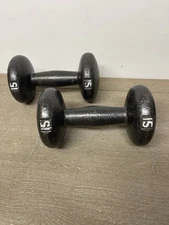 Lot of 2 Vintage 15 lb Cast Iron Dumbells Bun Head Weights 30 # Pair