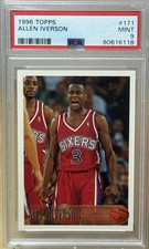 ALLEN IVERSON * PSA 9 ROOKIE * 1996 -1997 TOPPS NBA CARD #171 PHILADELPHIA 76ERS. rookie card picture