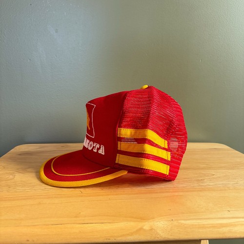 Vintage North Dakota Bass Red Yellow 80s Three Stripe Mesh Trucker Snapback Hat - Picture 5 of 9