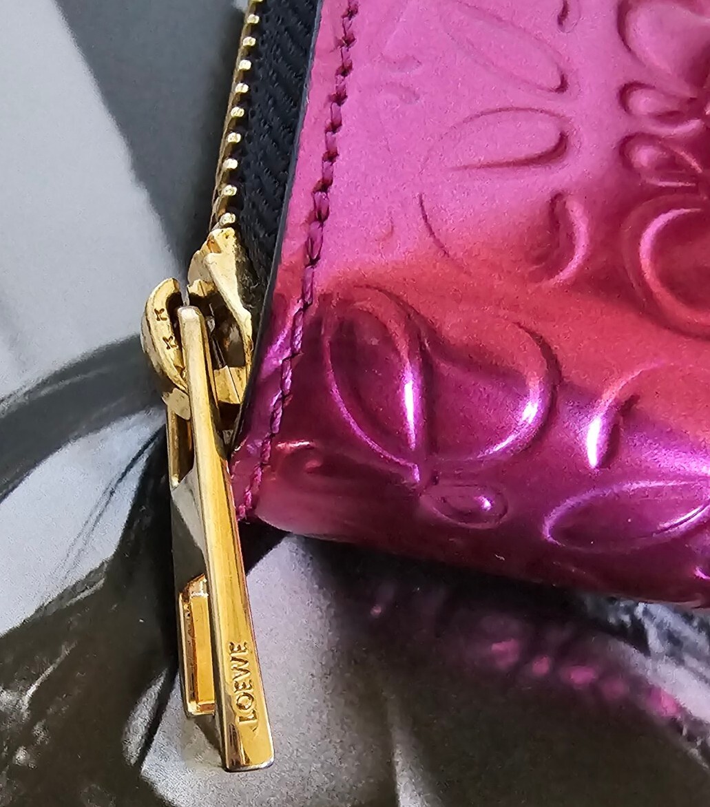 LOEWE Anagram Zip Around Long Wallet, Pink Patent Leather, Gold