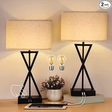 Set of 2 Table Lamps 3 Touch Control Ways with USB Port Outlet for Living Room