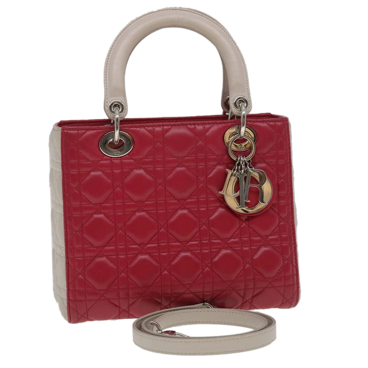 Sac à main Christian Dior Lady Dior Cannage moyen peau d'agneau rouge blanc authentique 29502A