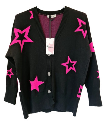 Made in Italy Strickjacke Stern V-Ausschnitt Knopfleiste Langarm Schwarz One Size UK 8-16