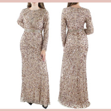 NWT Mac Duggal [ 4 ] 5453 Hand Embellished Long Sleeve Gown Mocha #Q997