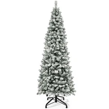 7.5ft Pre-lit Snow Flocked Pencil Christmas Tree W/1000 Branch Tips & 350 Lights