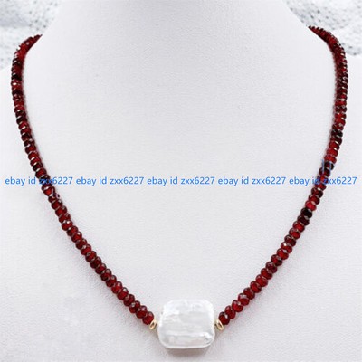 Faceted 2x4mm Red Garnet Natural 15x20mm White Baroque Pearl Pendant Necklace