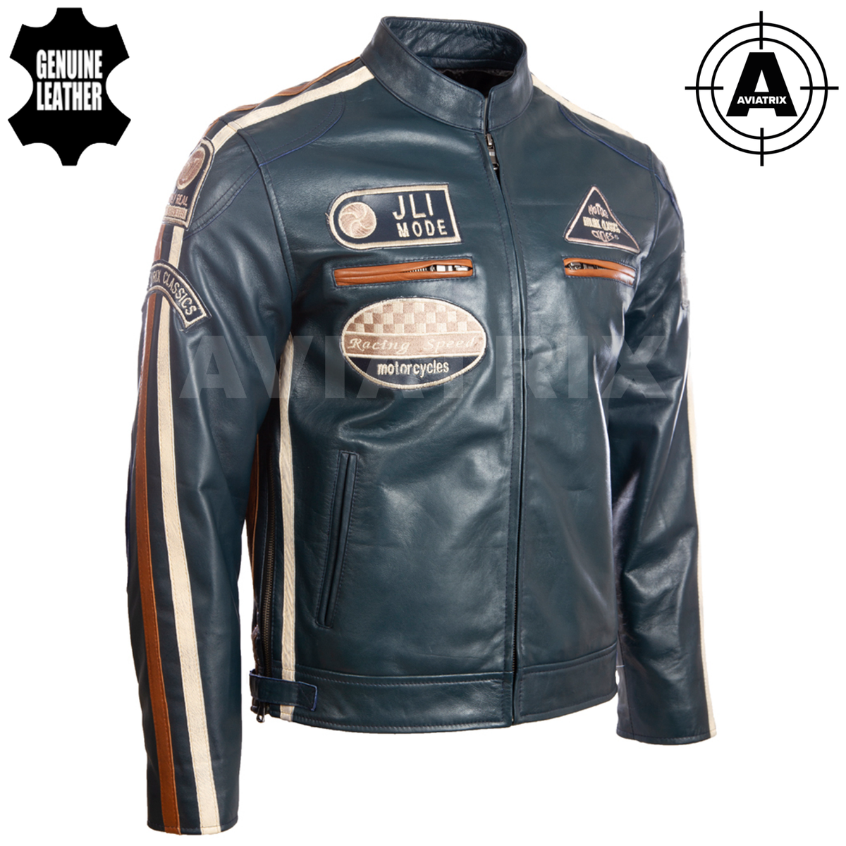 Aviatrix Men's Soft Real Leather Band Collar Patch Fashion