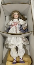 Franklin Mint Heirloom Doll Porcelain Doll with tag lavender white dress in Box