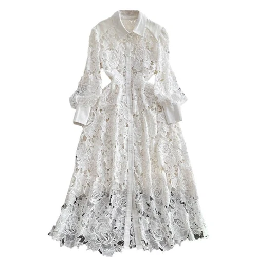 Damen Spitzen Blumen Aushöhlen Kleid Midi Elegant Party Lang Puffärmel Kleid - Bild 3 von 24