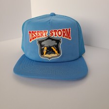 Vintage 1990s Desert Storm Snapback Trucker Hat USA Mesh Powder Blue Cap
