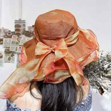 Women Wide Brim Sun Hat Mesh Bow Cotton Linen Cap Church Wedding Party Beach