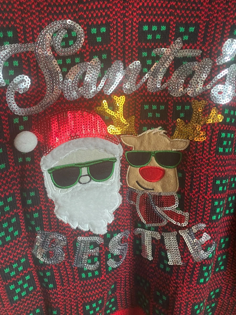 SANTA S BESTIE Ugly CHRISTMAS SWEATER Red Santa Reindeer Sequins