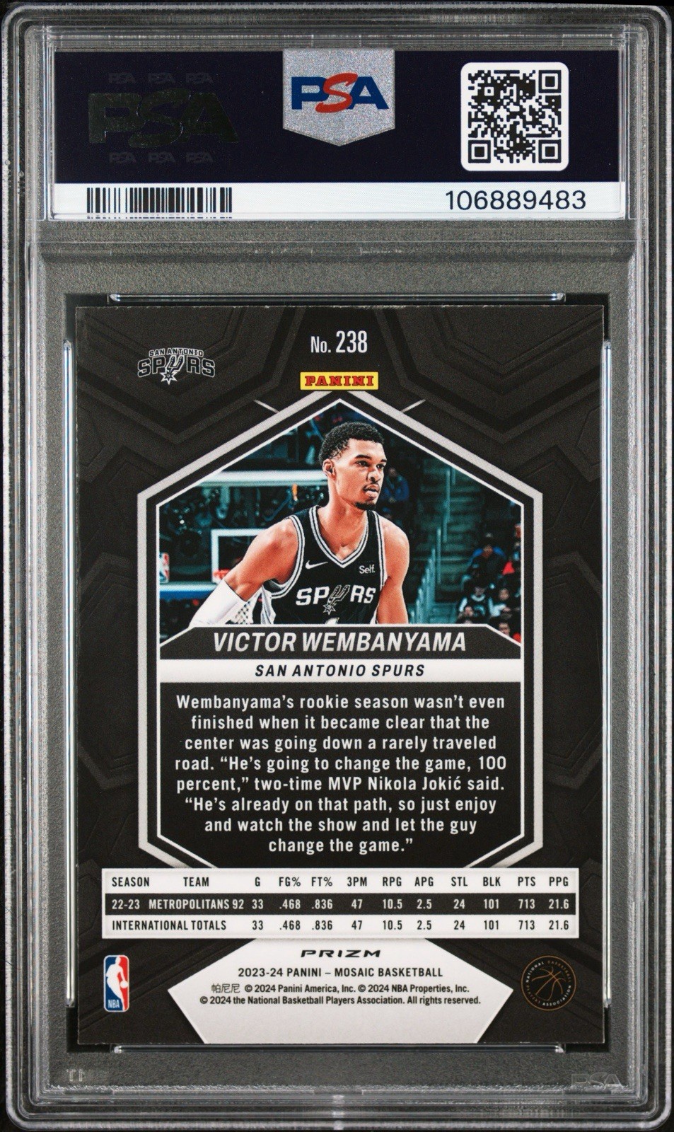 2023-24 Mosaic Victor Wembanyama #238 Reactive Yellow Mosaic Prizm (RC) PSA 10 view 3