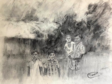 Original Charcoal Family Portrait, 12x9in Vintage Photo Wall Art, Artist Signed