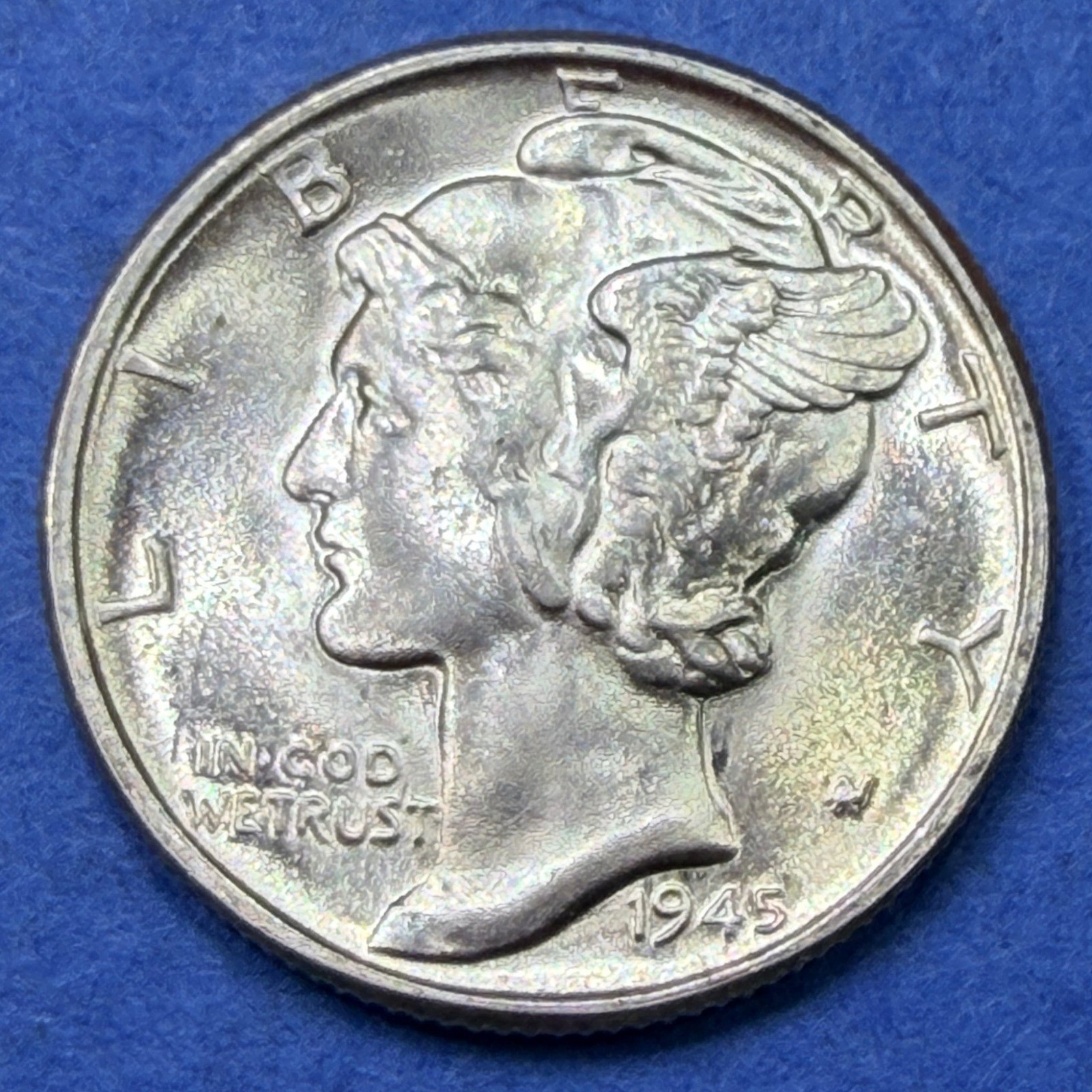 1945 Mercury Dime 10C BU Brilliant Uncirculated 90% Silver Toned Last Year