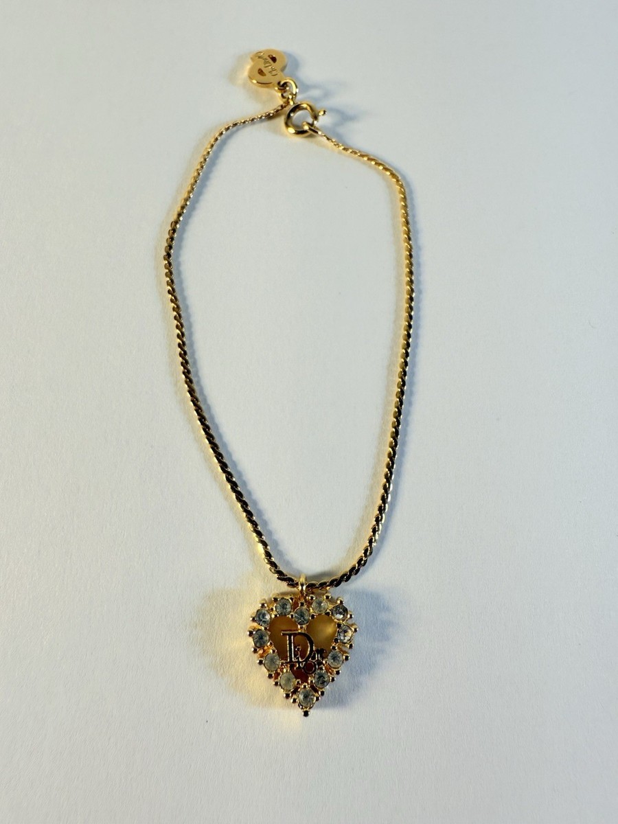 Christian Dior Heart Charm Bracelet Rhinestone Gold Tone with COA