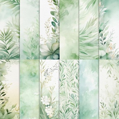 24 Sheets Sage Green Boho Scrapbook , Greenery Boho Plant Patterns Decorative...