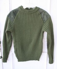 VTG British Military Green Wool Commando Sweater Suede Elbows  Shoulders 42-44"