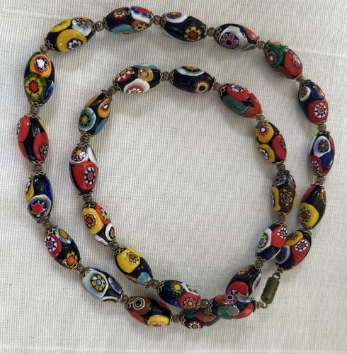 VTG Necklace VENETIAN MURANO MORETTI MILLEFIORI Glass Beads Oval 26”