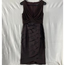 Adrianna Papell Sz 4 Brown Sleeveless V-Neck Dress Stretch Fit Tiered Ruffles