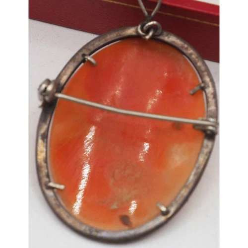 Antique .800 Silver Coral Shell Cameo Pendant & Necklace - Picture 4 of 6