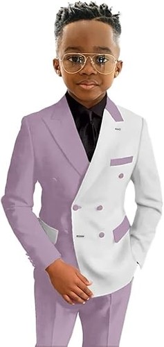 Patchwork Boy Suits Peak Lapel Double Breasted Wedding Groom Ring Bearer 2 Piece - Picture 31 of 33