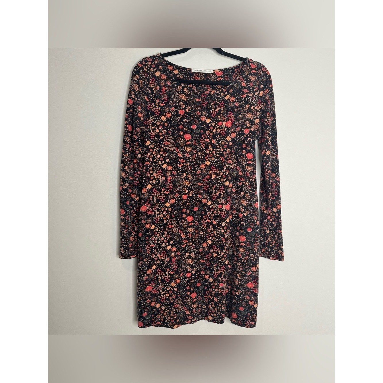 Peruvian Connection Dark Floral Pima Cotton Long Sleeve Stretch Jersey Dress Med