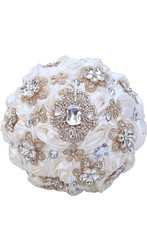 Hmplimue Handmade Ivory Silk Rose Bridal Bouquet 7.5  w/Rhinestones
