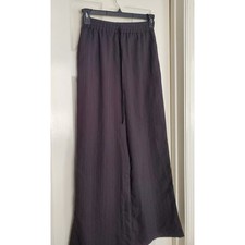 Wide Leg Pants Pleated Black Textured Elastic Waist Flowy Relaxed Fit Medium