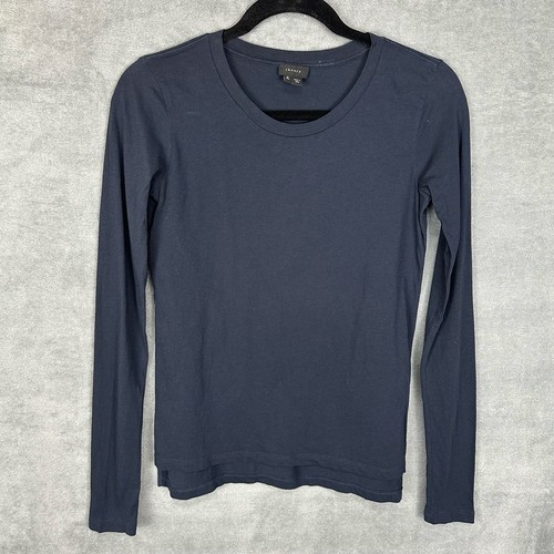 Theory Top Womens P Navy Pima Cotton Long Sleeve Crew Neck Stretch Neutral Tee