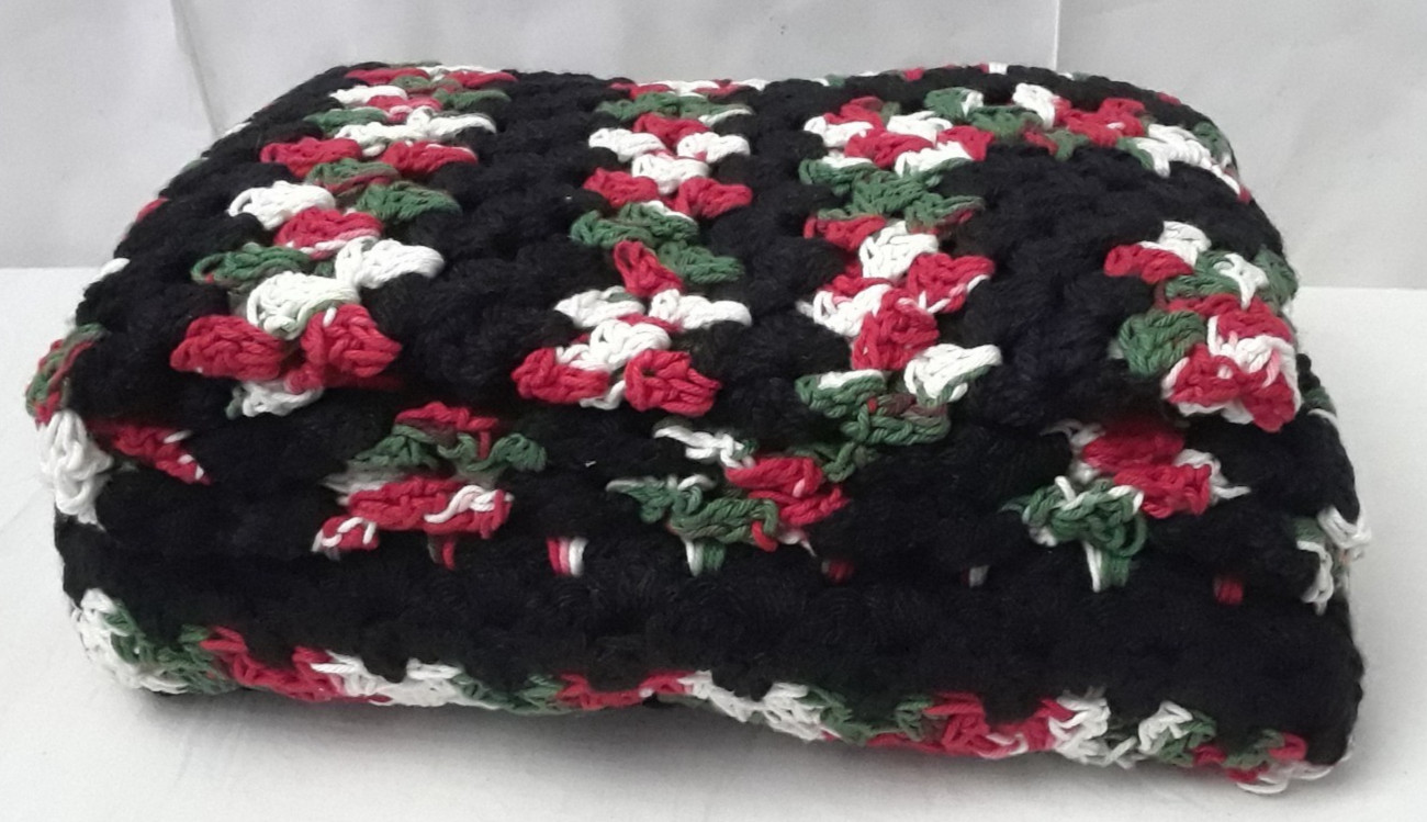 Hand Knit Throw Blanket Afghan Black Red and Green Cozy 56 x 60 inch