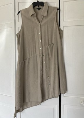 Women Dress Size XL Linen Viscose Blend Button Up Pockets Sleeveless Beige Unic