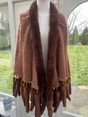 Écharpe salopette vintage Christian Dior véritable fourrure châle marron mohair
