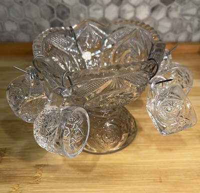 Childs US Glass EAPG Whirlybird Gig Buzz Star Punch Bowl  And 5 Cups