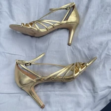 Free People Disco Fever Gold Leather Strappy Heels Sandals 39
