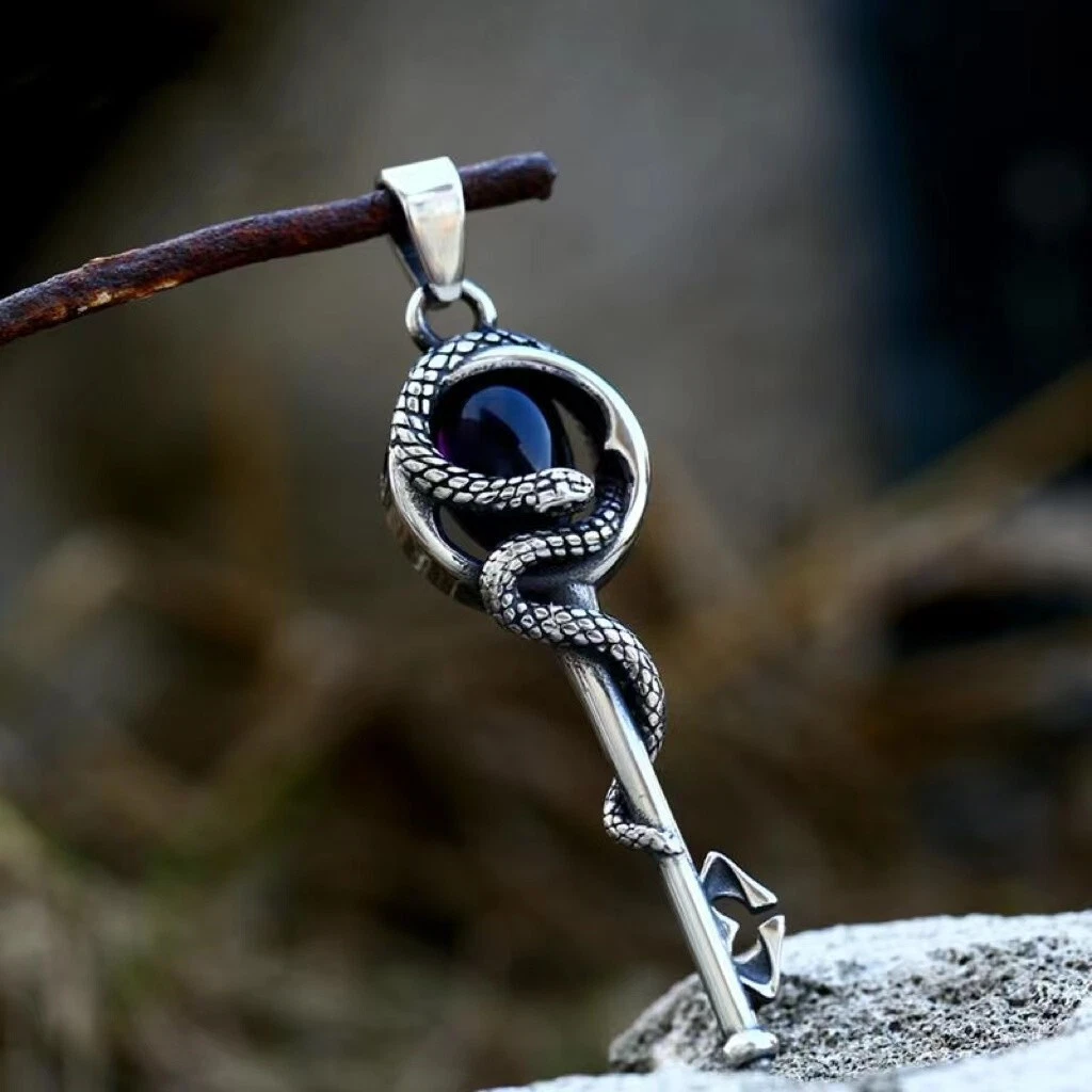 Mens Silver Snake Key Pendant Necklace Gothic Punk Jewelry Stainless Steel  24