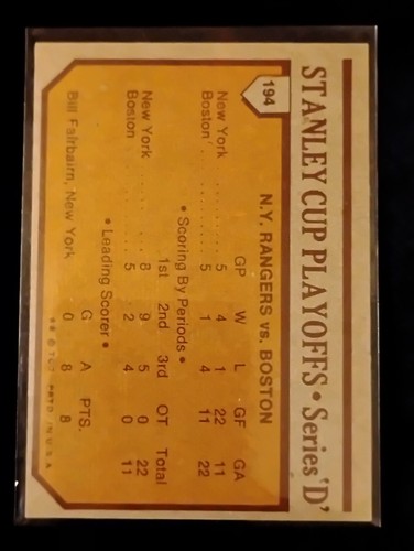 1973-74 Topps Hockey - #194 1972-73 NHL Quarterfinals Rangers 4 Bruins 1 - Picture 2 of 2