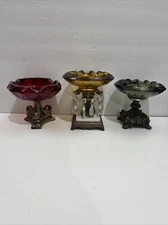 Vtg MCM Hollywood Regency 3 Ashtrays Ruby, Amber, Gray Smoke Glass Brass