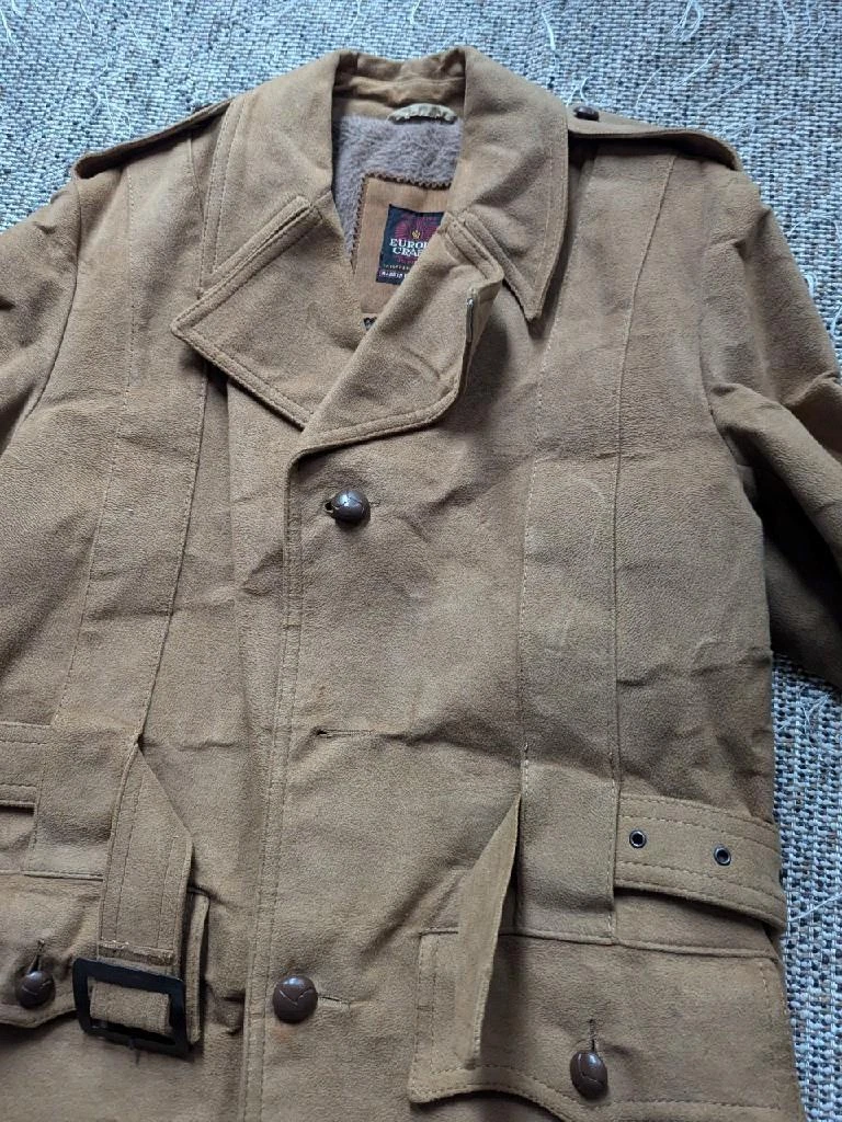 vintage TRENCH COAT leather BELTED jacket 40 brown NORFOLK faux suede SHERLOCK - product detail image 10