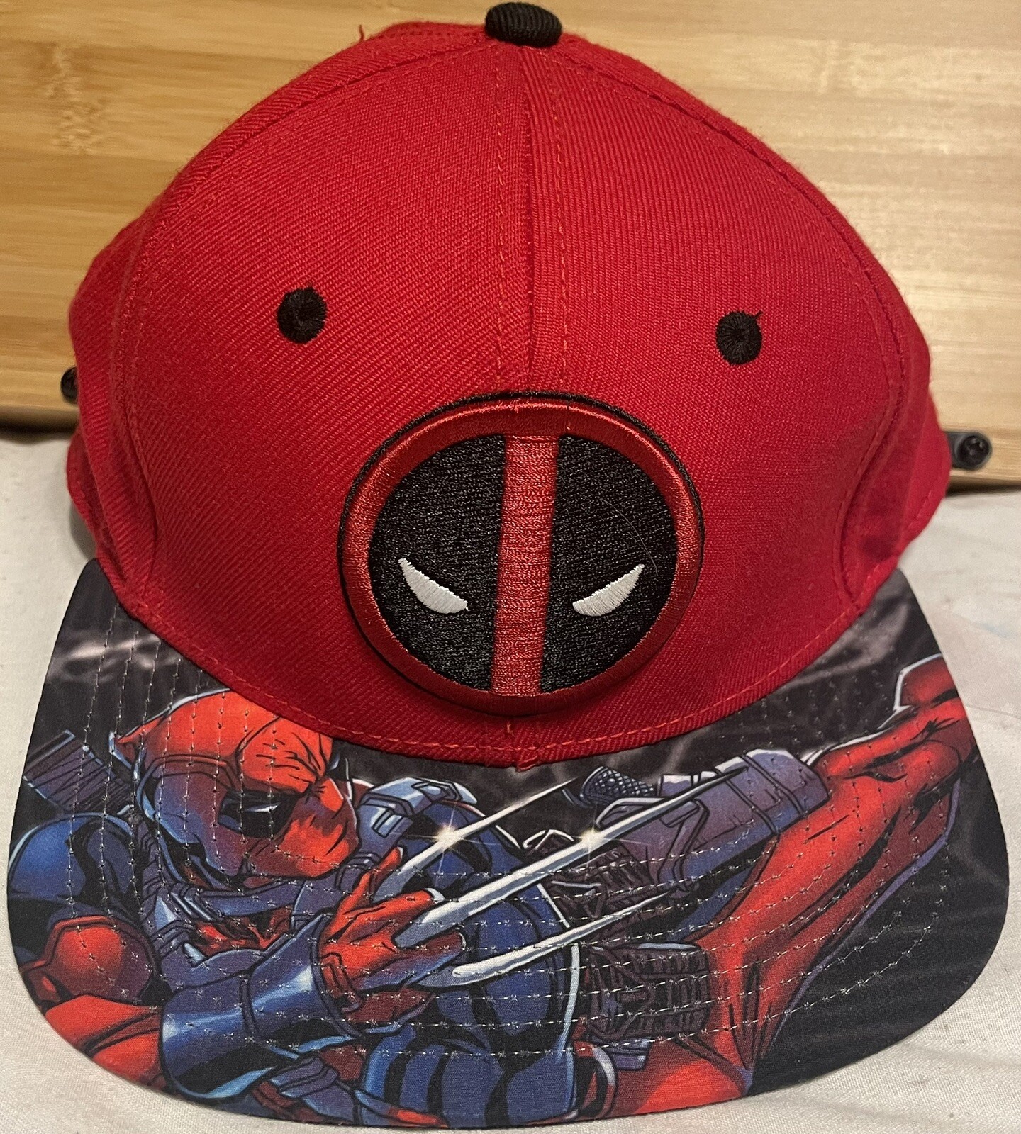 Deadpool Hat Mens Snapback Adjustable Red Marvel Flat Brim Graphic Wool Comic