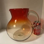 BLENKO Vintage Large Tangerine Glass Pitcher With Clear Handle 9 1/4”