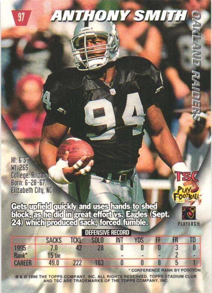 1996 Stadium Club #97 Anthony Smith Oakland Raiders Football Card - Image 2 of 2
