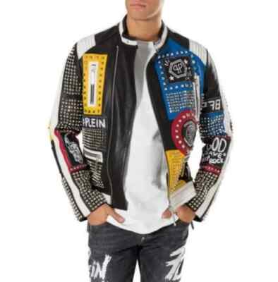 New Philipp Plein Multicolor Full Studded Embroidery Patches Mens Leather Jacket