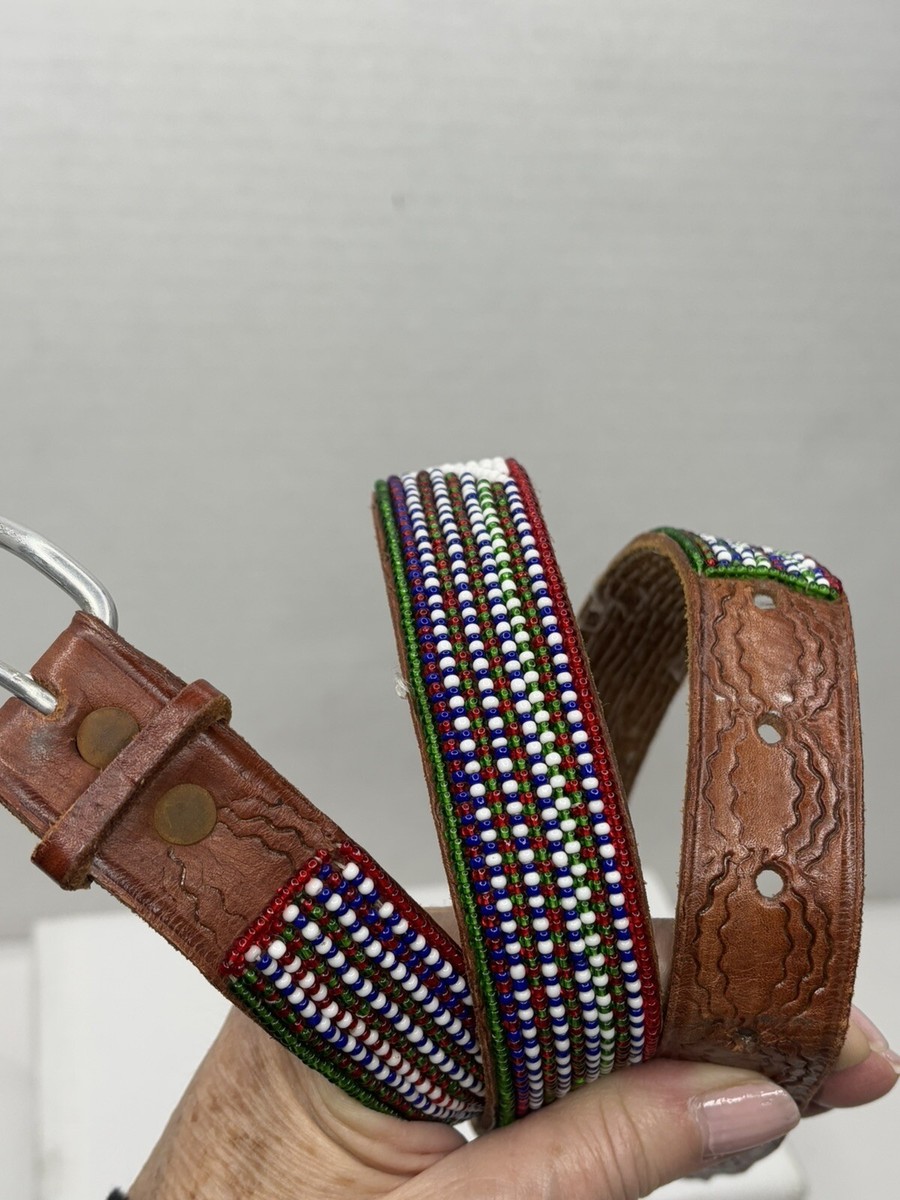Leather Tooled Handmade Beaded Belt Size S-M | eBay display picture 1