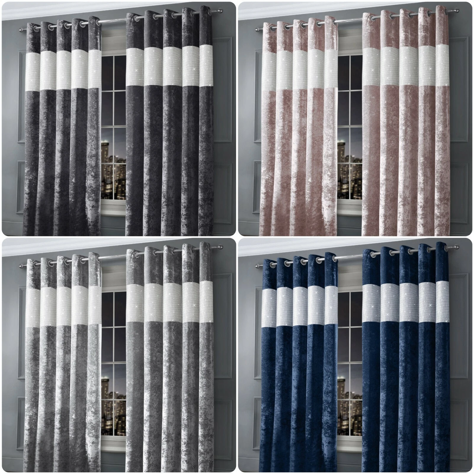 Diamante Crushed Velvet Readymade Lined Ringtop Eyelet Luxury Sparkle Curtains