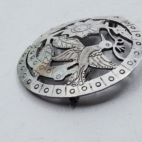 VINTAGE STERLING SILVER .925 PERU PIN BROOCH/ CiIRCLE BIRD FLOWER J18 - Picture 3 of 11