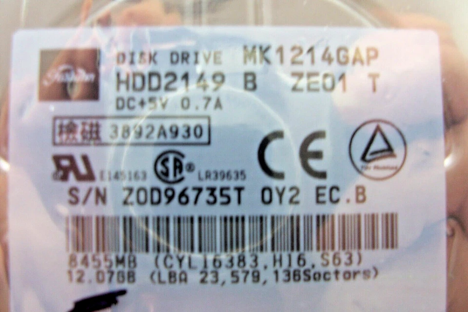 12.07GB DISK DRIVE, HDD2149 TOSHIBA AMERICA MK1214GAP "NEW" still SEALED - Image 4 of 4